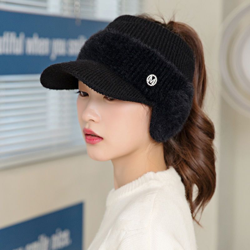 Autumn and Winter Women's Ear Protection Winter Hat Fashion Duck Tongue Empty Top Polyester Wool Hat Riding Cold-proof Knitted Hat