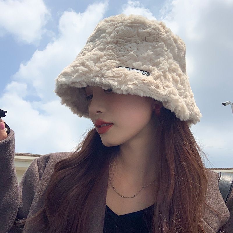 plush hat autumn and winter hat female lamb fur fisherman hat warm rabbit fur hat winter basin hat lamb wool bucket hat