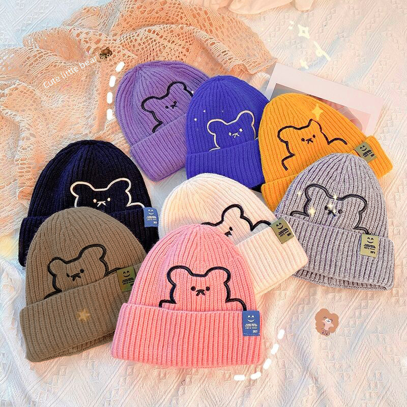 Winter Bear Embroidered Cartoon Wool Hat ins All-match Warm Fashion Pullover Cold Hat Knitted Hat for Children