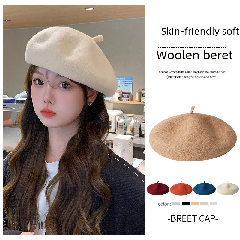 Korean Hat Women's Japanese Style All-Match Wool Tolen Face Small Beret Autumn and Winter British Korean Style Fashion Painter Hat