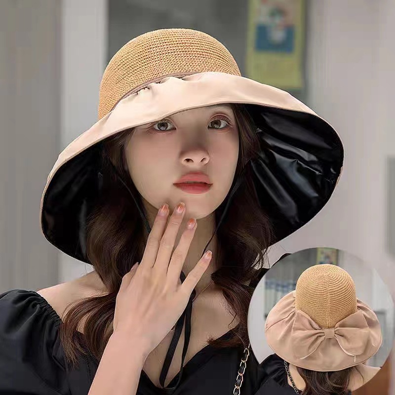 Summer Black Glue Sunscreen Hat Women's Bow Sun Hat UV Protection Beach Sun Hat Fisherman Hat Factory