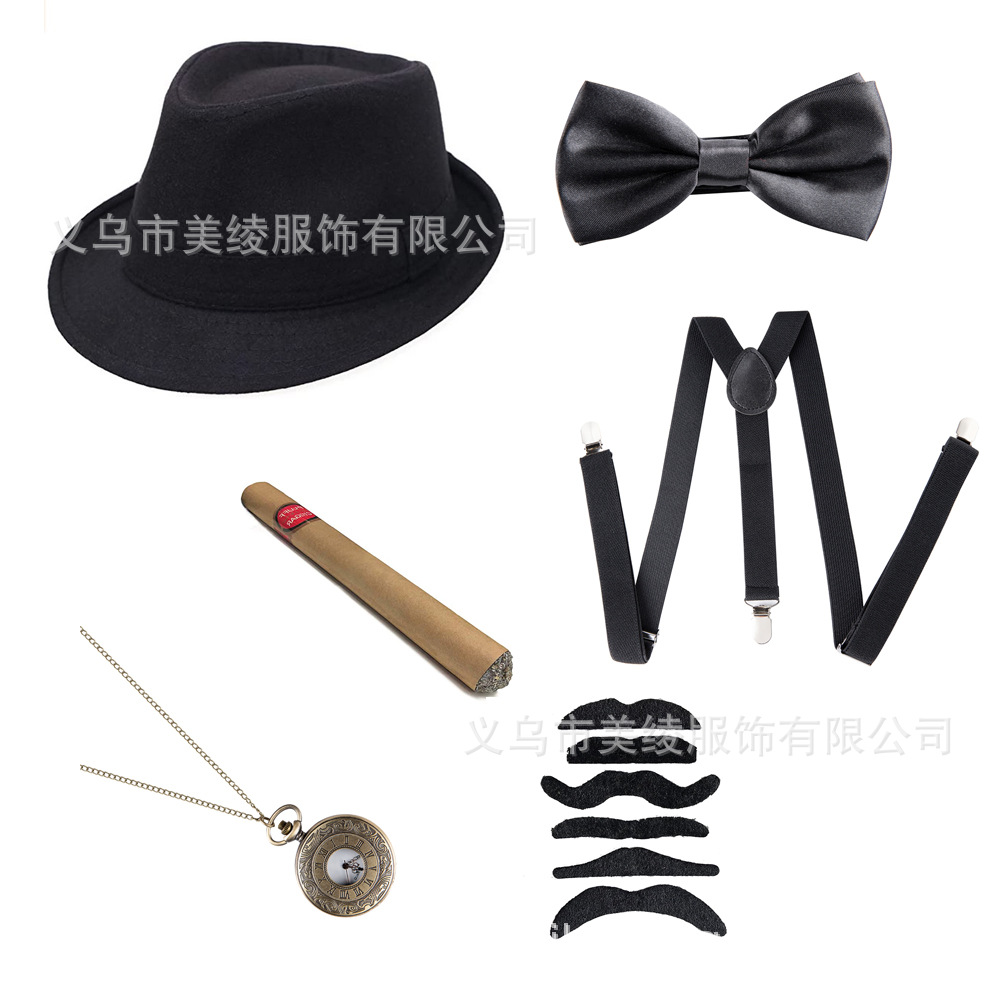 Men's Theme Party Woolen Hat Cigar Pocket Watch Strap Bow Tie Beard Six-Piece Explosions