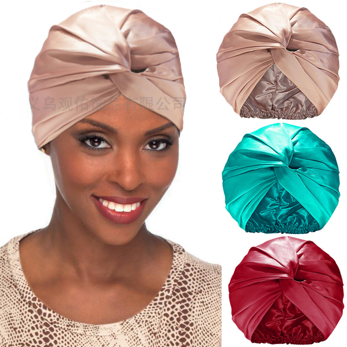 Europe and the United States imitation silk nightcap cross twist hat satin turban hat ladies home long hair scarf hair care hat