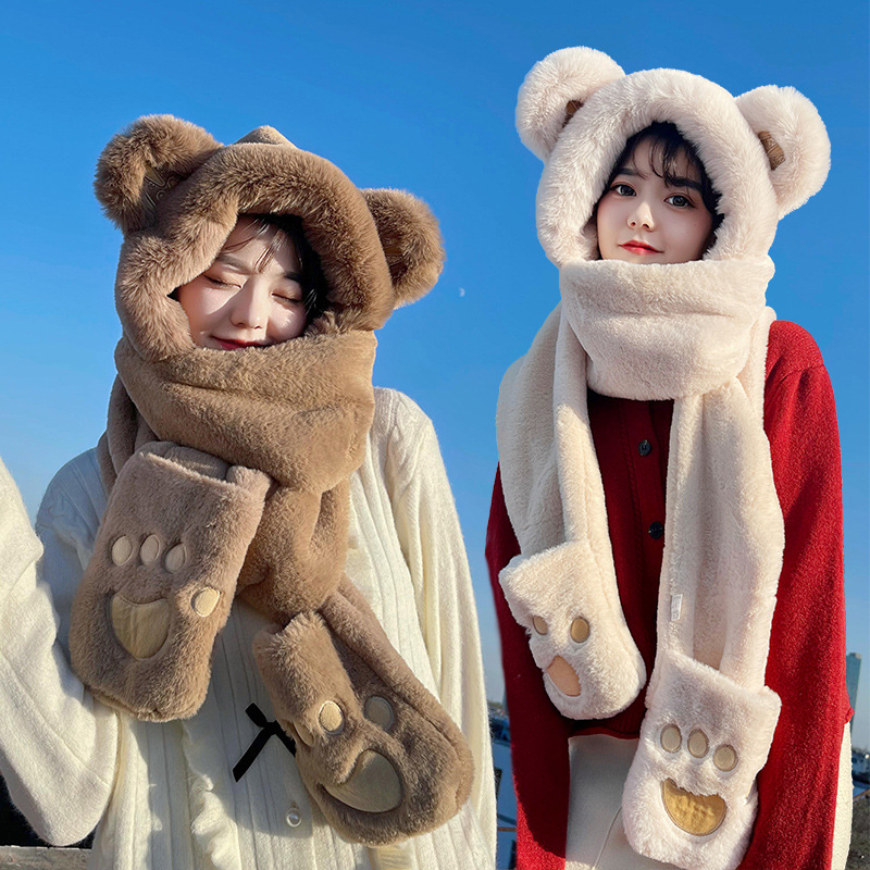 Cute Bear All-in-One Hat Warm Neck Scarf Hooded Women's Autumn and Winter Gloves Ear Protection Hat Fashion Fur Plush