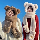 Cute Bear All-in-One Hat Warm Neck Scarf Hooded Women's Autumn and Winter Gloves Ear Protection Hat Fashion Fur Plush