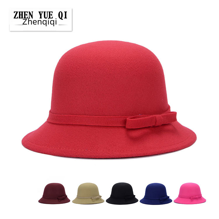 Zhenyueqi Korean Popular Women's Hat Autumn and Winter Warm Felt Hat Fashionable Elegant Strip Bow Top Hat for Women