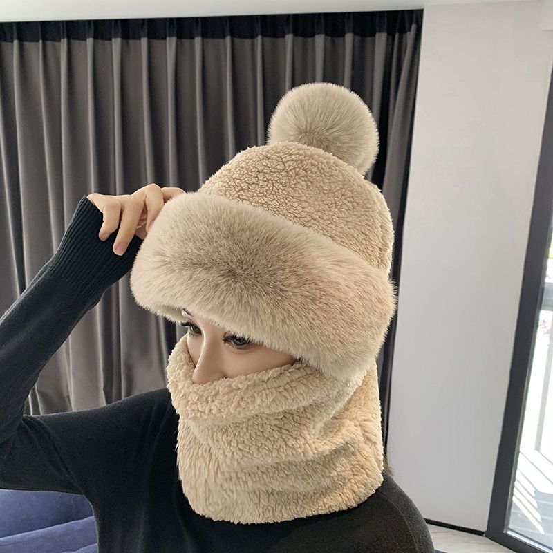 Hat Women's Autumn and Winter Scarf Mask One-piece Ear Protection Wind-proof Cap Fleece-lined Thickened Warm Riding Cap