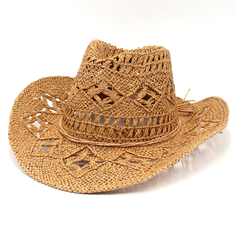 Spring and summer hollow cowboy hat hand-woven straw hat breathable cool American-style warped Jazz hat