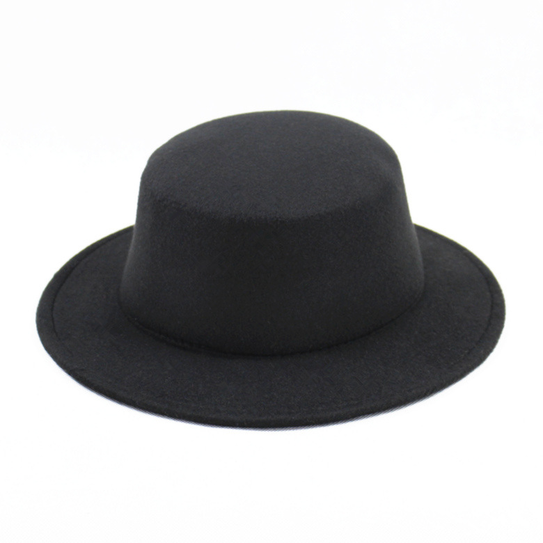 Retro British Style Pure Black Flat Top Hat Couple Men and Women Gentleman's Hat Spring and Autumn Performance Big Brimmed Woolen Warm Hat