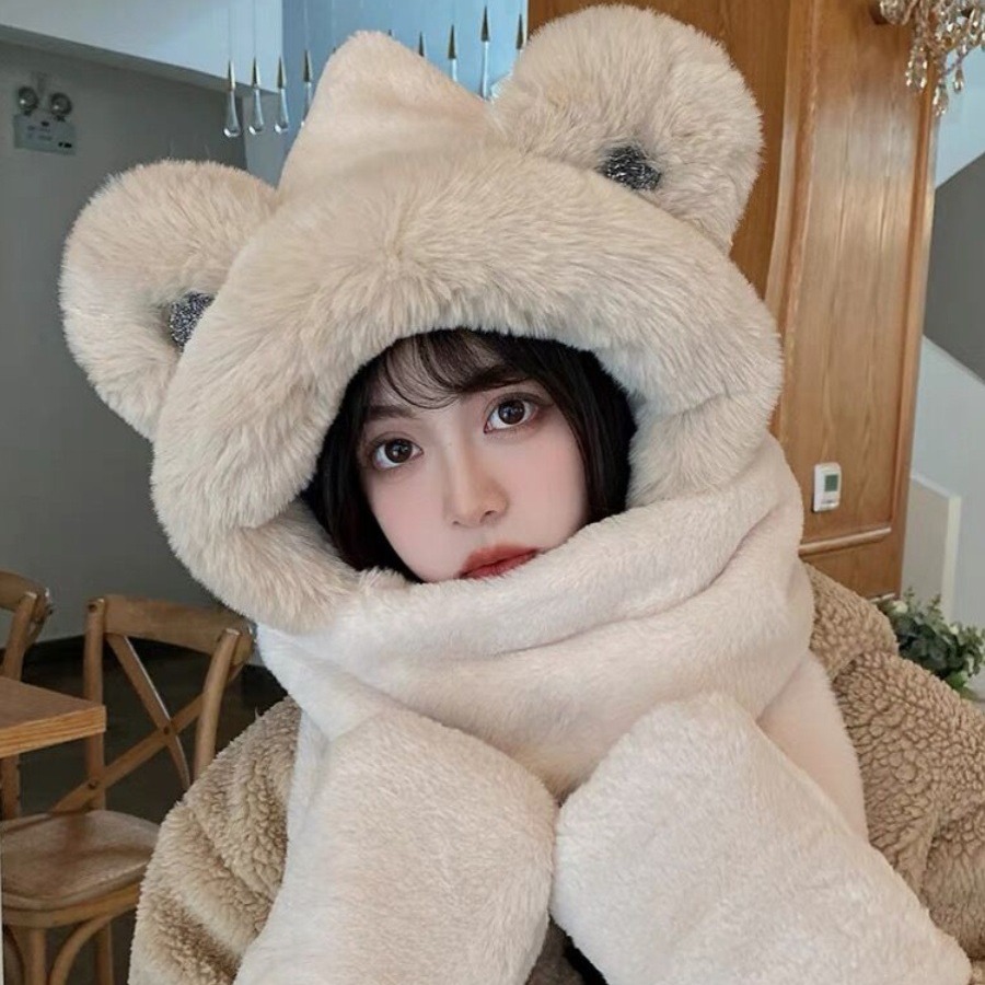 Autumn and winter bear bear hat scarf women's winter warm plush gloves three-piece set cute hooded ear protection