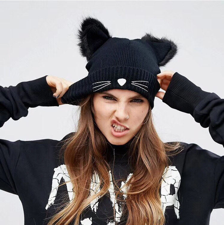 cat ears knitted hat embroidered wool hat cute autumn and winter warm pullover hat cold hat