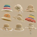 Summer Woven Lafite Straw Hat Women's Seaside Rainbow Sunshade Sunscreen Fisherman Hat with Large Eave Hepburn Style