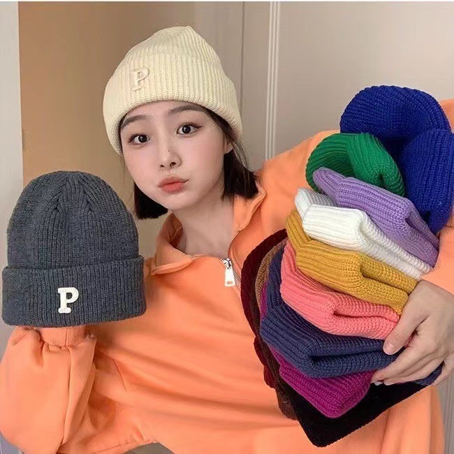 Autumn and Winter P Letter Wool Knitted Hat Women's Korean-style ins Fashionable Warm All-match Student Sweet Cool Cold Hat