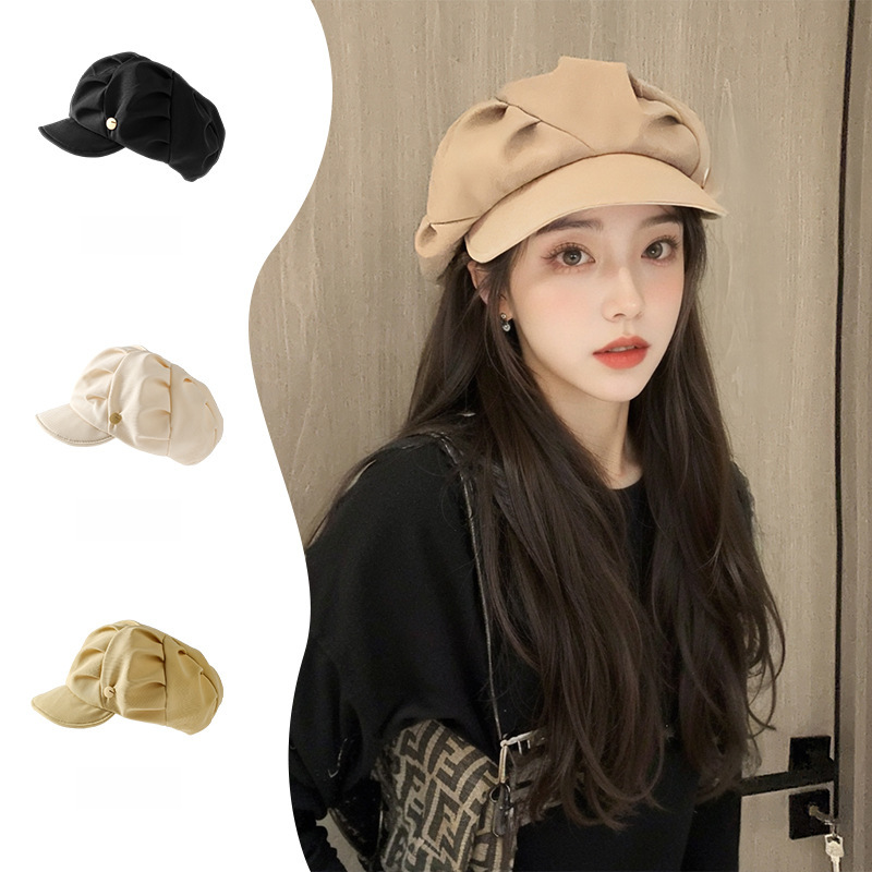 Showing Face Small Pleated Cap Beret Spring and Autumn All-match Cloud Sense Metal Label Soft Hat Street Simple Painter Hat