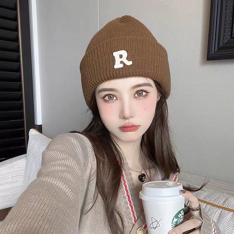 Autumn and Winter Korean-style Letter R-label Wool Hat for Men and Women with Simple All-match Knitted Hat Cold-proof Warm-keeping Pullover Cold Hat