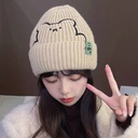 Hat Women's Autumn and Winter All-match Cute Bear Embroidered Wool Hat Warm Ear Protection Smiling Knitted Hat Cloth Label Cold Hat