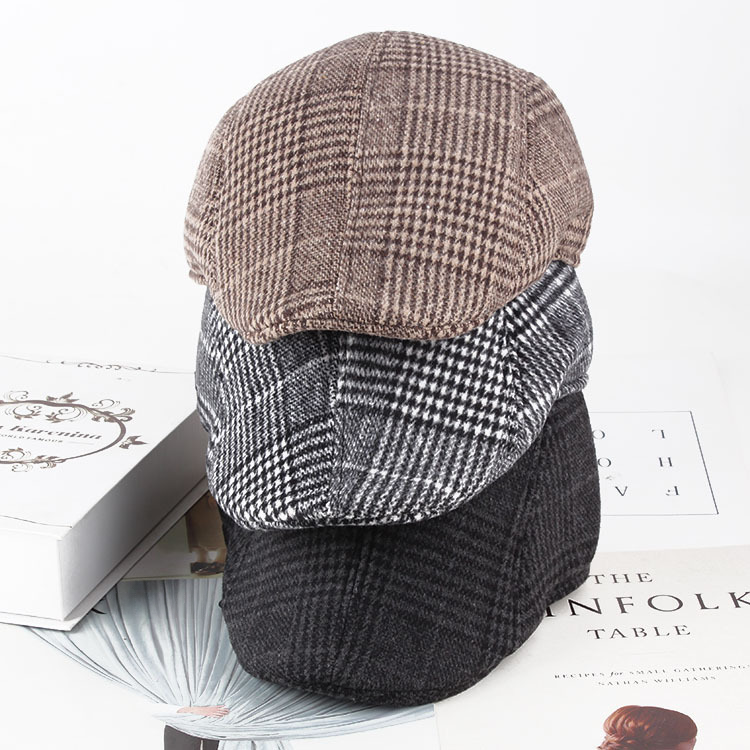 Korean-style trendy autumn and winter plaid cap brushed fabric warm beret lovers hat winter hat