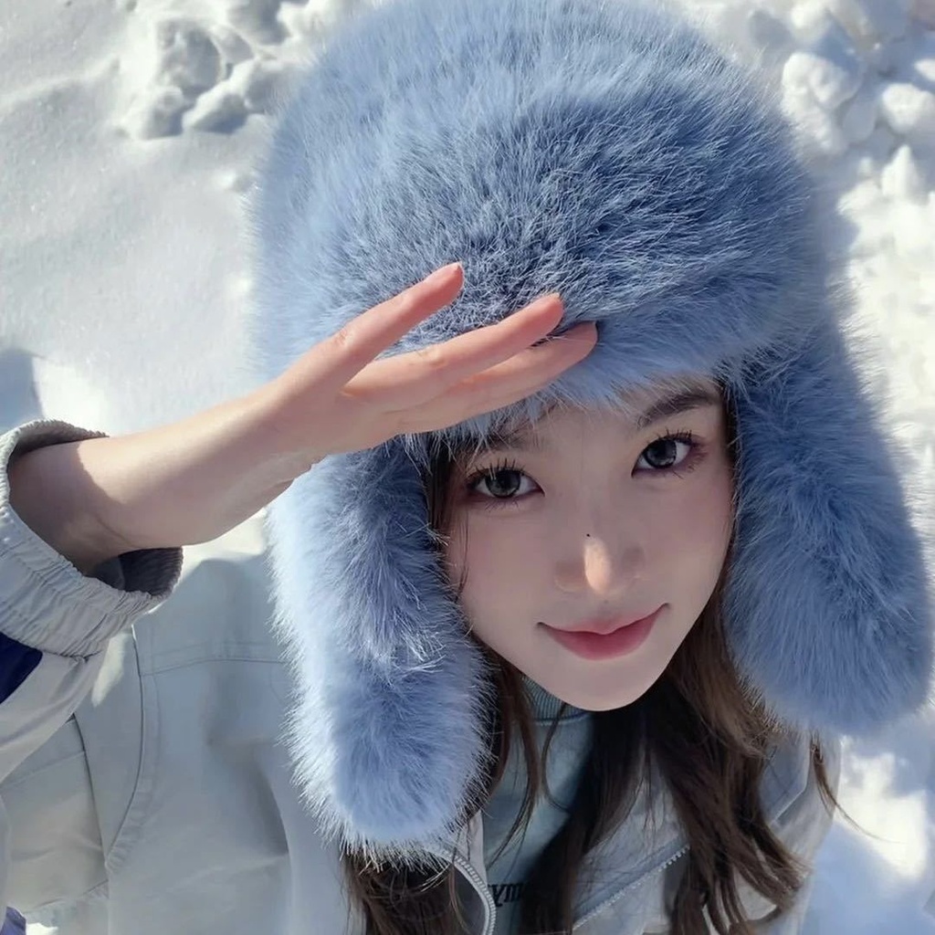 Blue Imitation Mink Velvet Lei Feng Hat Women's Winter Plush Velvet Northern Skiing Cold-proof Warm Ear Protection Cap Velvet Thickened Hat