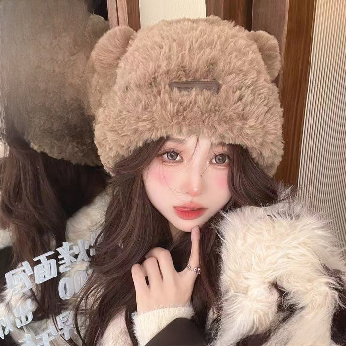 Korean Style Soft Waxy Sweet Cute Cartoon Bear Double Ball Ear Leather Label Knitted Wool Hat Winter Thickened Warm Cover