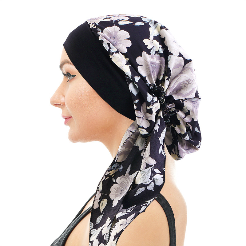 Wide-brimmed Stretch Headscarf Hair Ethnic Print Women's Strap Headscarf Nightcap