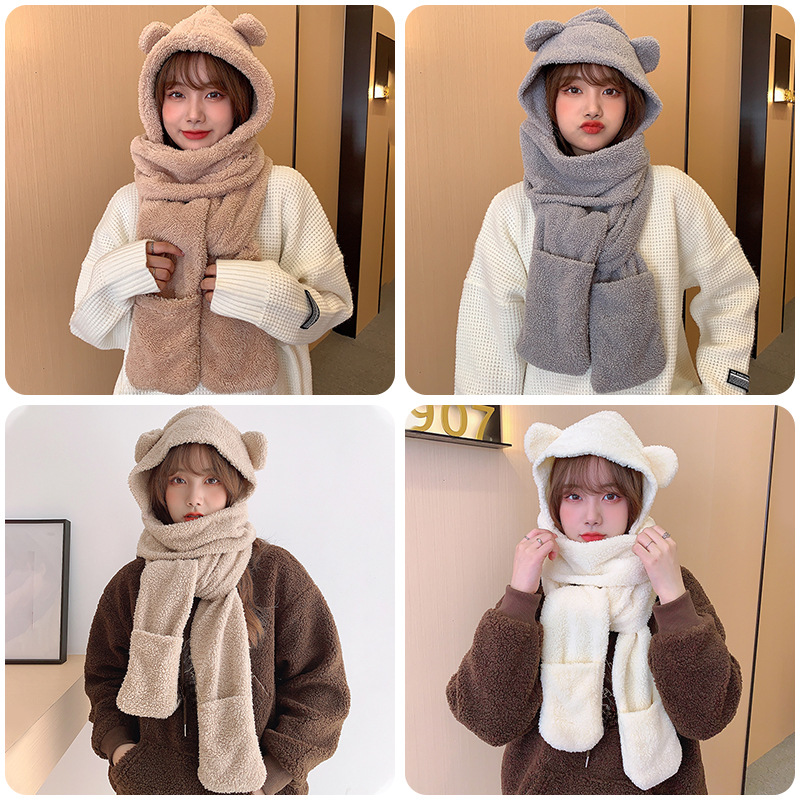 cartoon cute bear hat scarf three-piece Winter Korean style hat warm comfortable cotton velvet ear protection integrated hat