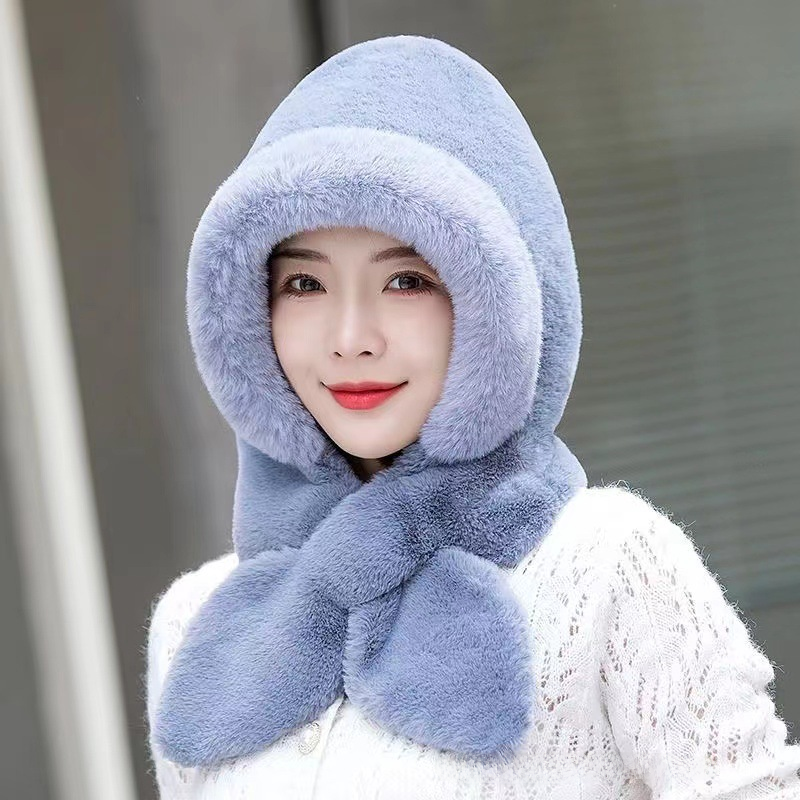 Autumn and winter hat scarf one women plus velvet padded cold ear protection cycling cap plush warm scarf