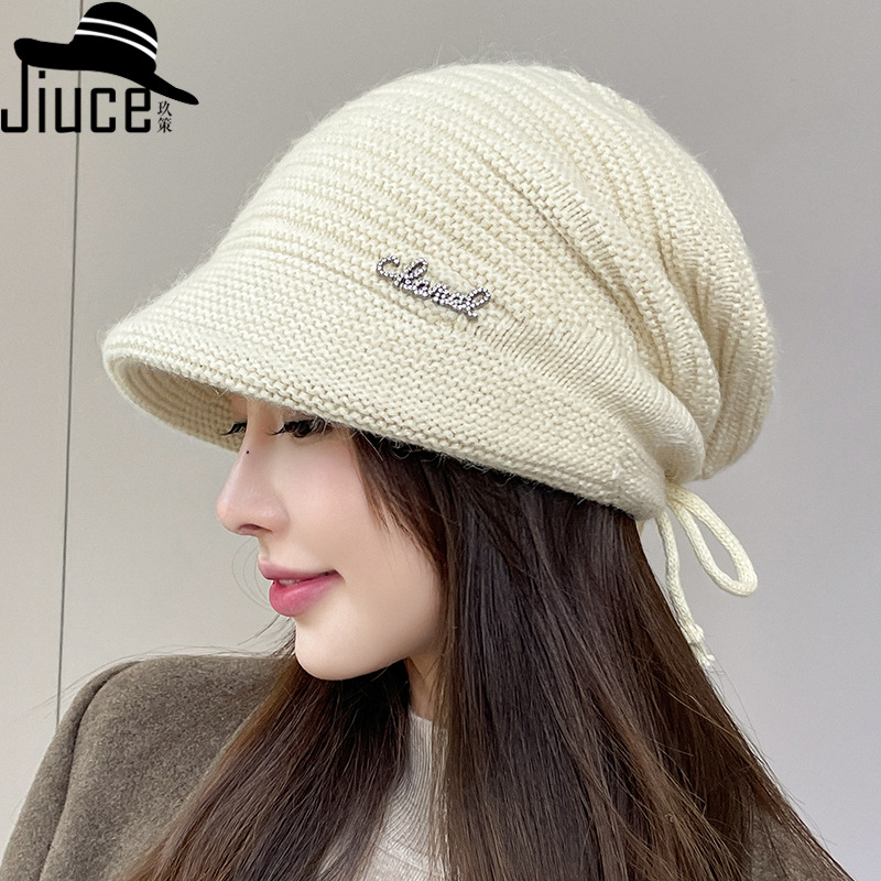 Double-layer Thickened Rabbit Hair Knitted Hat Women's Korean-style Casual Drawstring All-match Knitted Hat Elegant Diamond Standard Ear Protection Warm Hat