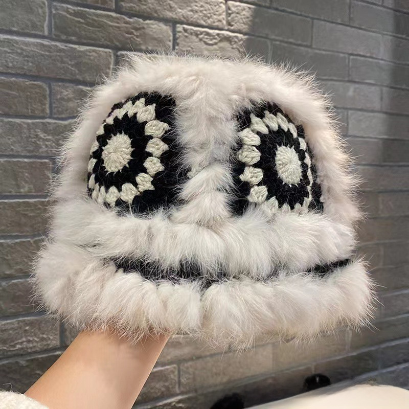 Real rabbit fur handmade fluffy hat autumn and winter fluffy tiger head lion hat fisherman hat cute face small fur hat