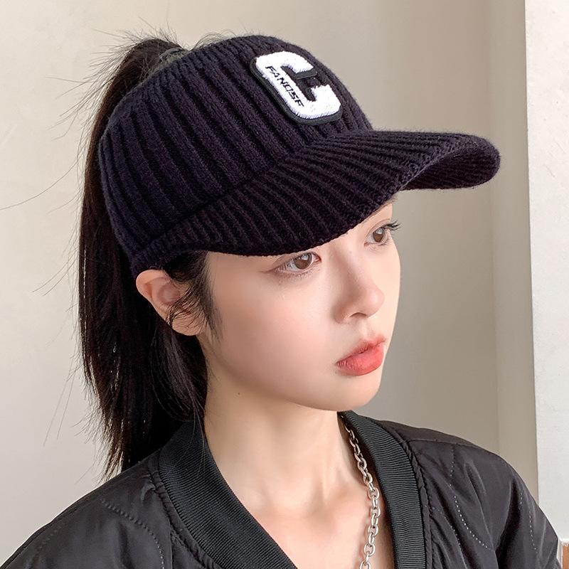 Autumn and Winter Empty Top with Fleece Cap Children's C Letter Knitted Wool Cap Outdoor Sports Warm Leaky Horsetail Cap