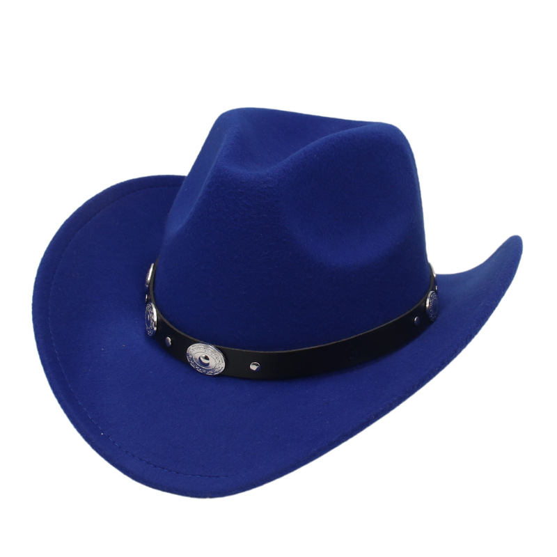 Ethnic Style Western Cowboy Hat Tibetan-style Concave Shaped Topper Hat with Curved Edge Imitation Silver Accessories Felt Hat