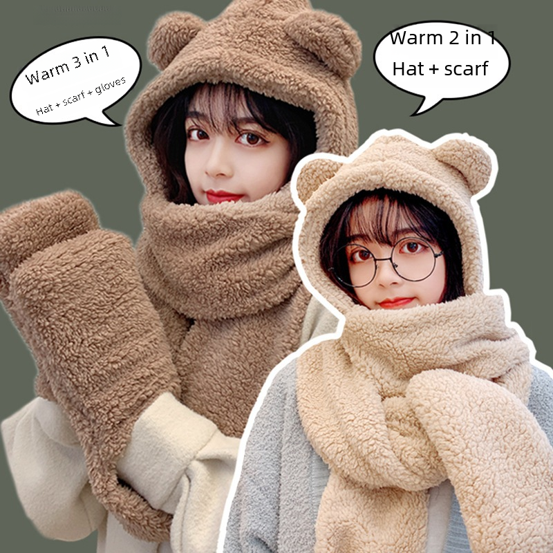 Little Bear Hat Children's Autumn and Winter Internet Celebrity Winter Plush Scarf One-piece Hooded Warm Gloves Three-piece Suit Scarf