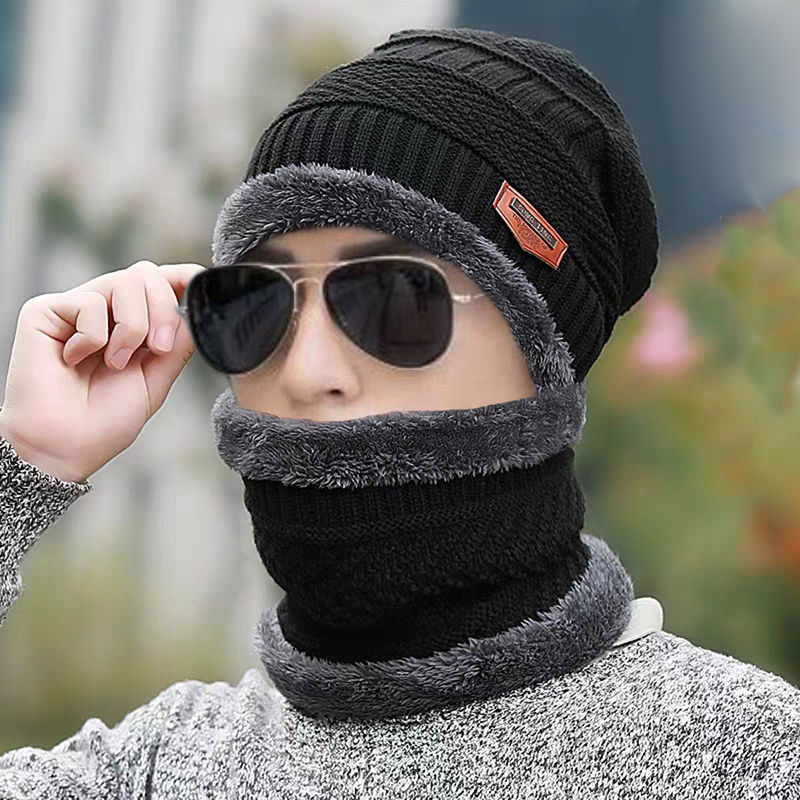 Winter Knitted Hat Men's Fleece-lined Warm Neck Integrated Cap Thickened Wool Cover Cap Female Ear Protector Parent-child Cold-proof Cap