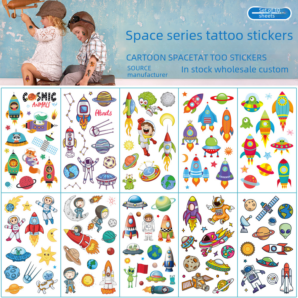 Kids Cartoon Space Tattoo Sticker Waterproof Cute Spaceship Rocket Astronaut Party Party Temporary Sticker