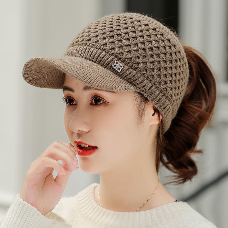 Hat women's winter casual empty top hat fleece-lined thick wool hat cute western style non-top hat warm knitted hat