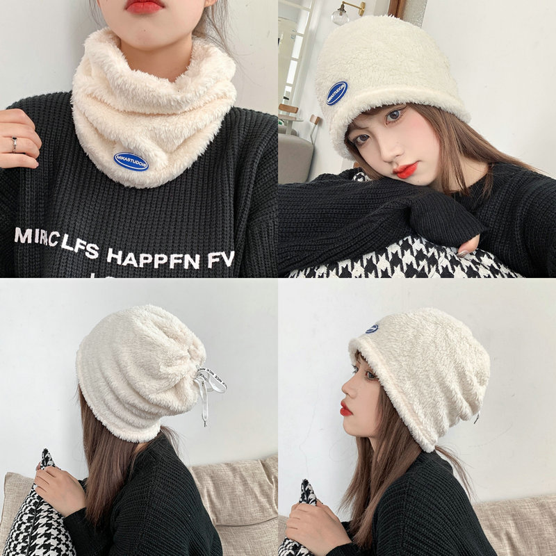 Women's Autumn and Winter Cotton Velvet All-match Cute Neck Twist Cap Ear Protection Warm Drawstring Hat Fashionable Moon Hat