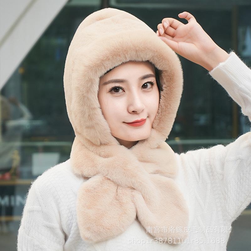 Hat Scarf Two-piece Set Women's Winter Thickened Baotou Ear Protection Riding Hat Plush Scarf Integrated Warm Hat