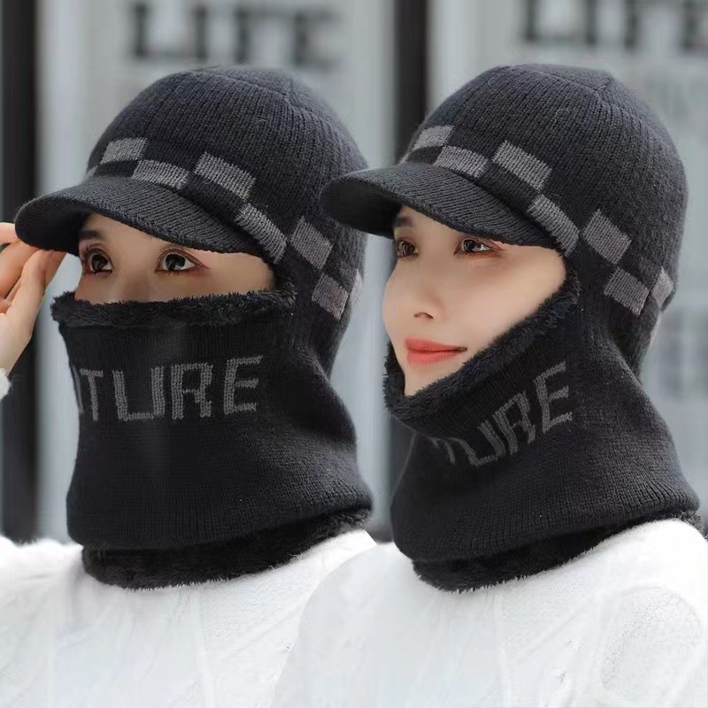 Hat women's autumn and winter cycling warm fleece-lined thickened ear protection style knitted hat winter cold-proof all-match scarf