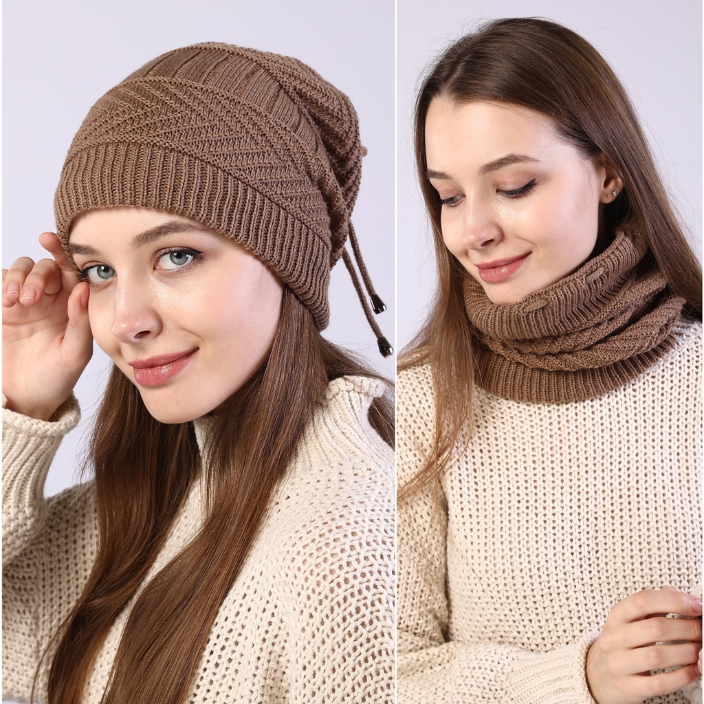 M1019 Hat Scarf 2 Pullover Cap Autumn and Winter Men's and Women's Velvet Warm Cold-proof Knitted Ear Protection Stack Cap