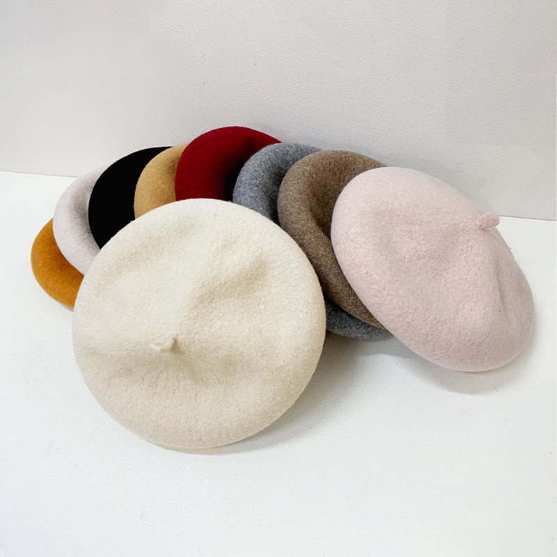 spring rice white big beret wind blowing pinellia autumn and winter apricot wool painter hat women's beret