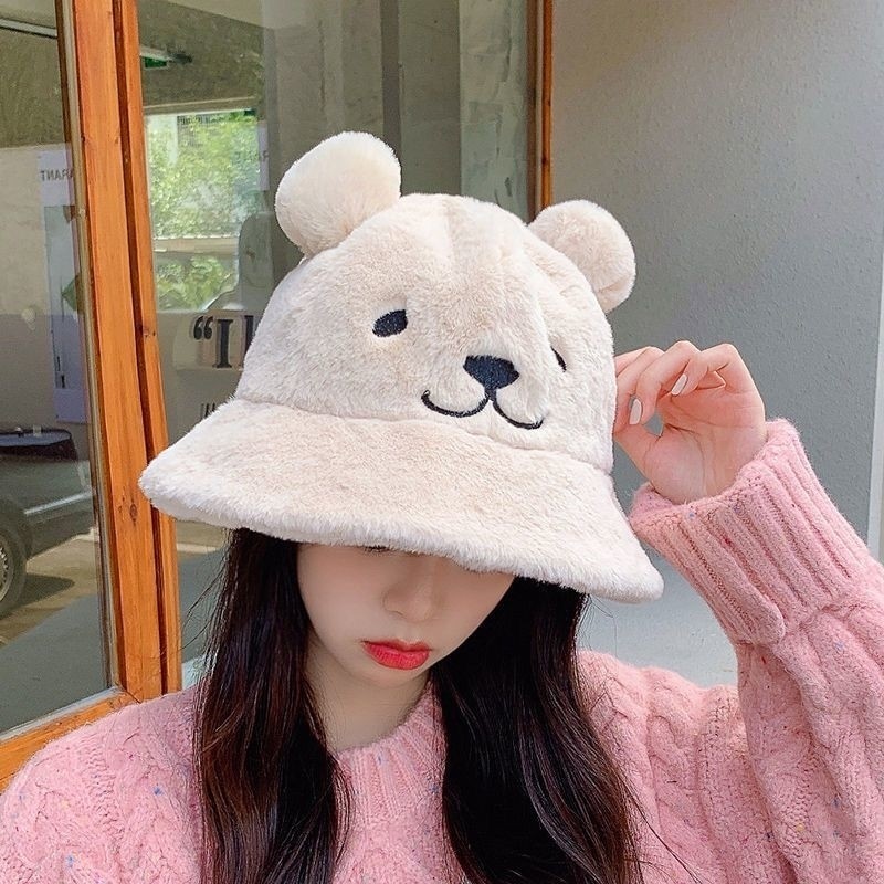 Korean style rabbit fur bear fisherman hat women's all-match plain warm face cover hat cute Japanese style furry basin hat fashion