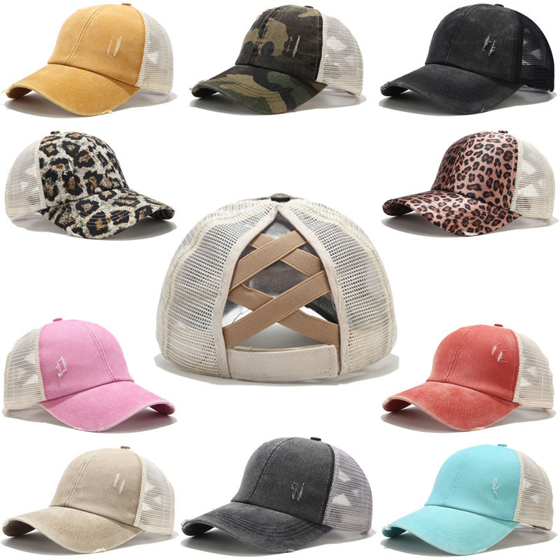 cross grid washed ponytail baseball cap women's summer spring autumn light plate old outdoor sunscreen cap cap