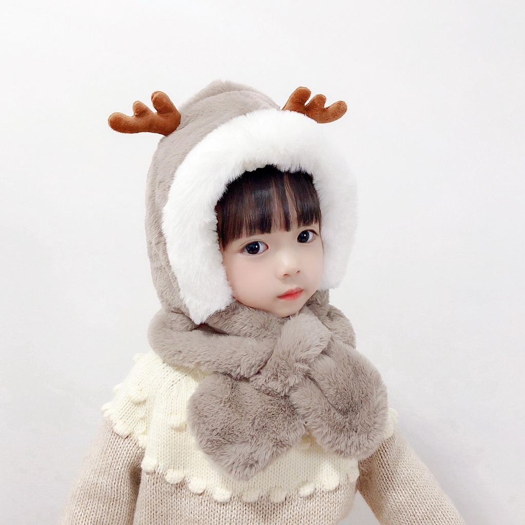 Winter children's hat scarf all-in-one warm plush cute baby antler ear protection cap for boys and girls