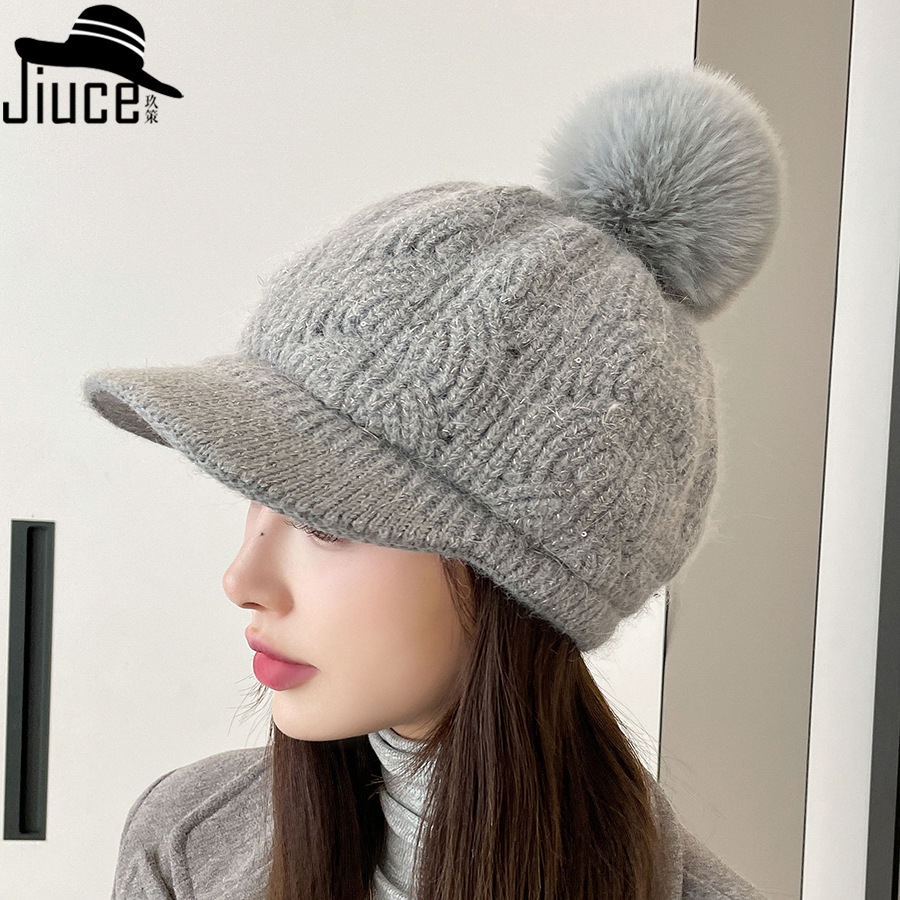 Korean Autumn and Winter Velvet Rabbit Fur Baseball Cap Women's Korean Style Texture Sequin Fur Ball Knitted Cap Fashionable Warm Cap