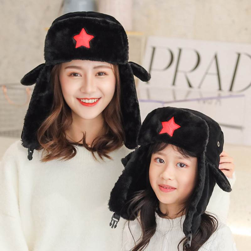 Men's and Women's Winter Lei Feng Cap Five-pointed Star Children's Ear Protection Cap Parent-child Cotton Cap Outdoor Cycling Warm Fleece Hat