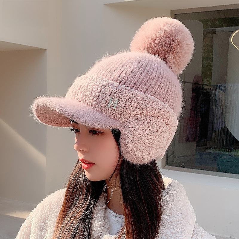 9874 Hat Women's Autumn and Winter Ear Protection Warm Baseball Fur Cap Women's Thickened Fleece-Lined Duck Tongue Knitted Wool Cap Winter