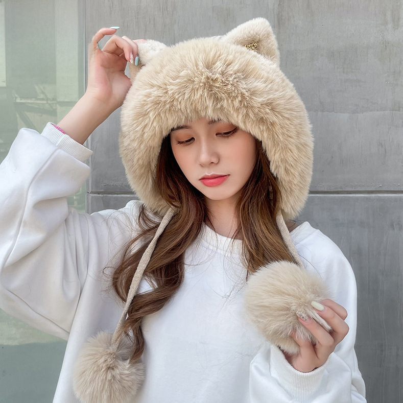 Knitted Hat Women's Winter Cute Cartoon Sequins Cat Ears Fur Ball Wool Hat Fleece-lined Thickened Fur Collar Warm Hat