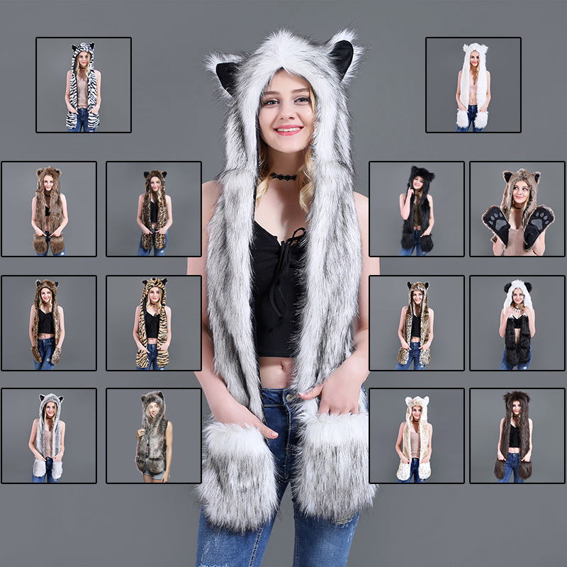 Fur Hat Cartoon Plush Hat Scarf Gloves One Three-piece Cute Plush Hat