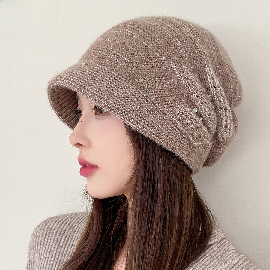 Elegant All-match Double-layer Thickened Diamond Standard Rabbit Hair Heap Women's Winter Ear Protection Fashion Knitted Duck Tongue Hat Korea