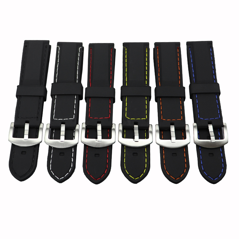 Waterproof sports rubber suture line silicone strap 20 22 24 26mm silver buckle black buckle watch accessories men