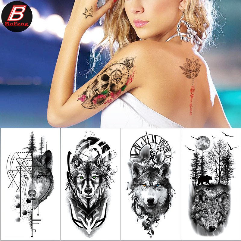 Small Full Arm Tattoo Sticker Half Arm Wolf Head Skull Color Waterproof Environmental Protection Tattoo Sticker Set Tattoo